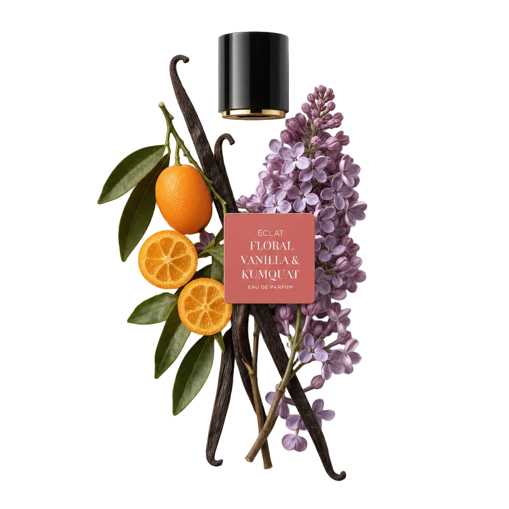 Een arrangement van lila bloemen, verse kumquats en vanillepeulen omringt een zwarte dop met etiket, die ÉCLAT Floral Vanilla & Kumquat vertegenwoordigt.