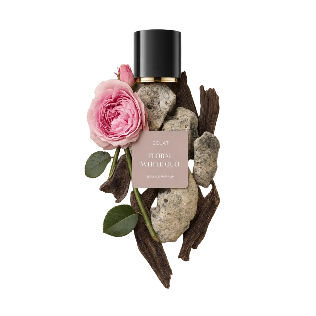 Un arrangement pour ÉCLAT Floral White Oud, avec une rose rose, des pierres texturées et des morceaux de bois sombre sous un capuchon noir à bande dorée.