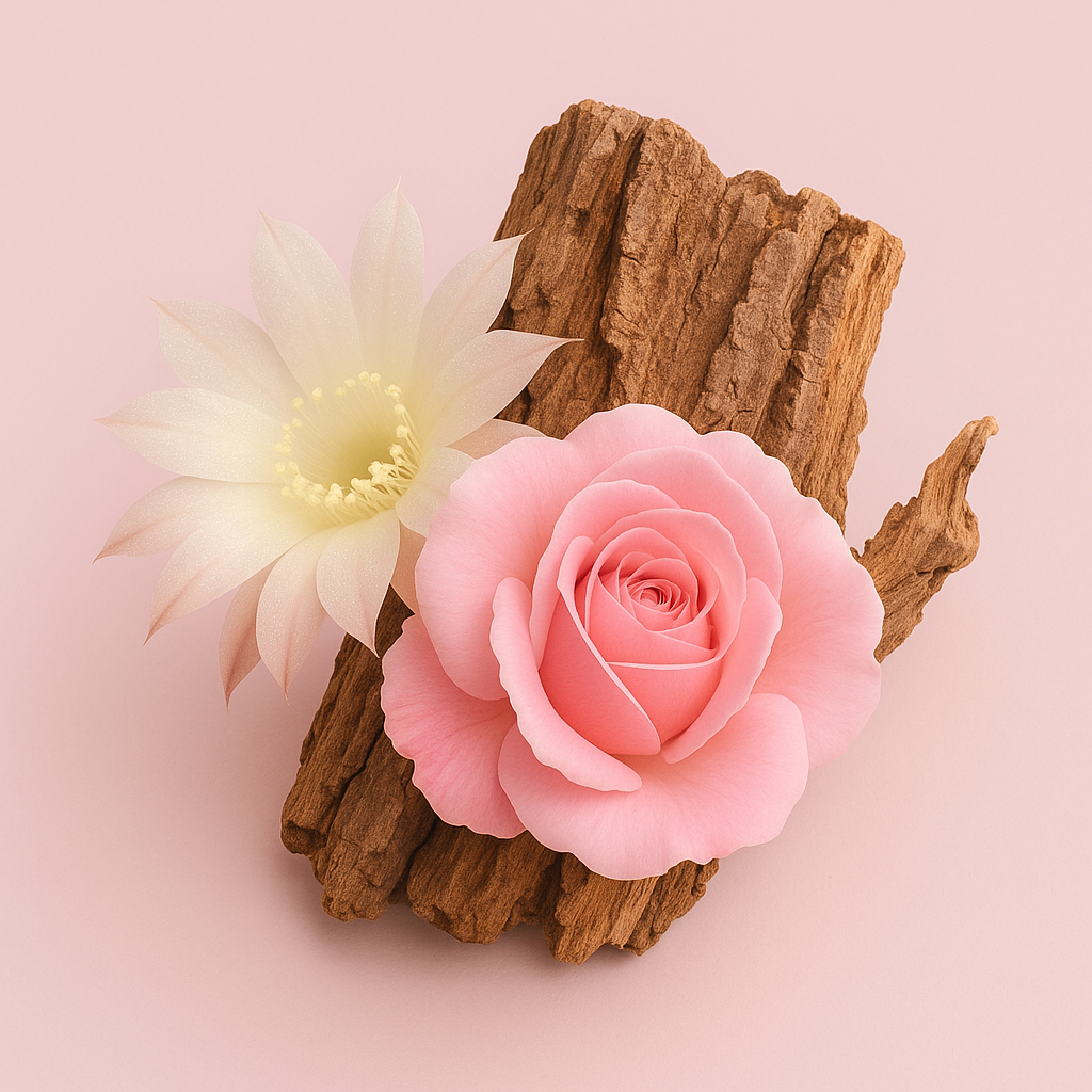 Een delicate opstelling van een roze roos en een witte cactusbloem op een stuk bruine bast tegen een zachte roze achtergrond.