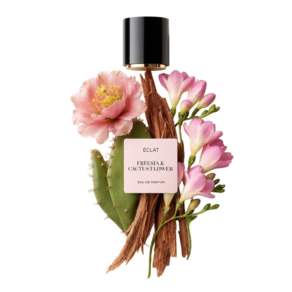 An arrangement of pink cactus flowers, fresh freesias, and lush cactus leaves is artfully composed around a black cap with a label reading ÉCLAT Freesia & Cactus Flower.