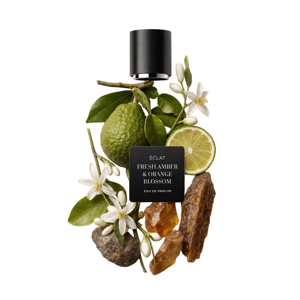 Um arranjo de ingredientes fragrantes com uma bergamota inteira, fatia de lima, flores de laranjeira, resina de âmbar e uma tampa preta ÉCLAT com etiqueta.