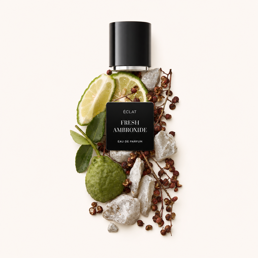 An arrangement of bergamot, lime slices, and peppercorns elegantly surrounds ÉCLAT Fresh Ambroxide's black cap with label.
