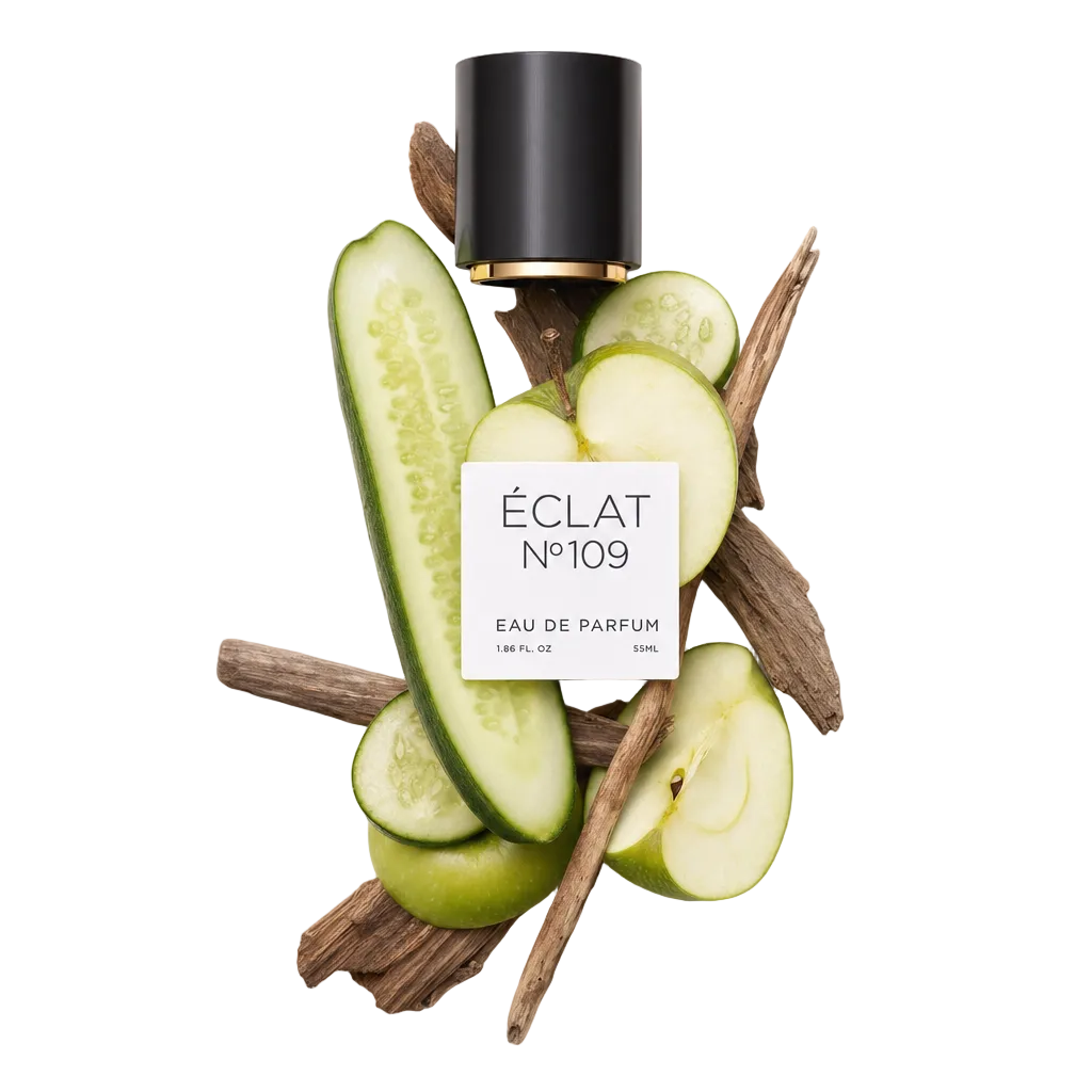 Un arreglo de rodajas de pepino fresco, trozos de manzana verde y palos de madera, con una tapa negra con etiqueta de ÉCLAT Fresh Apple encima.