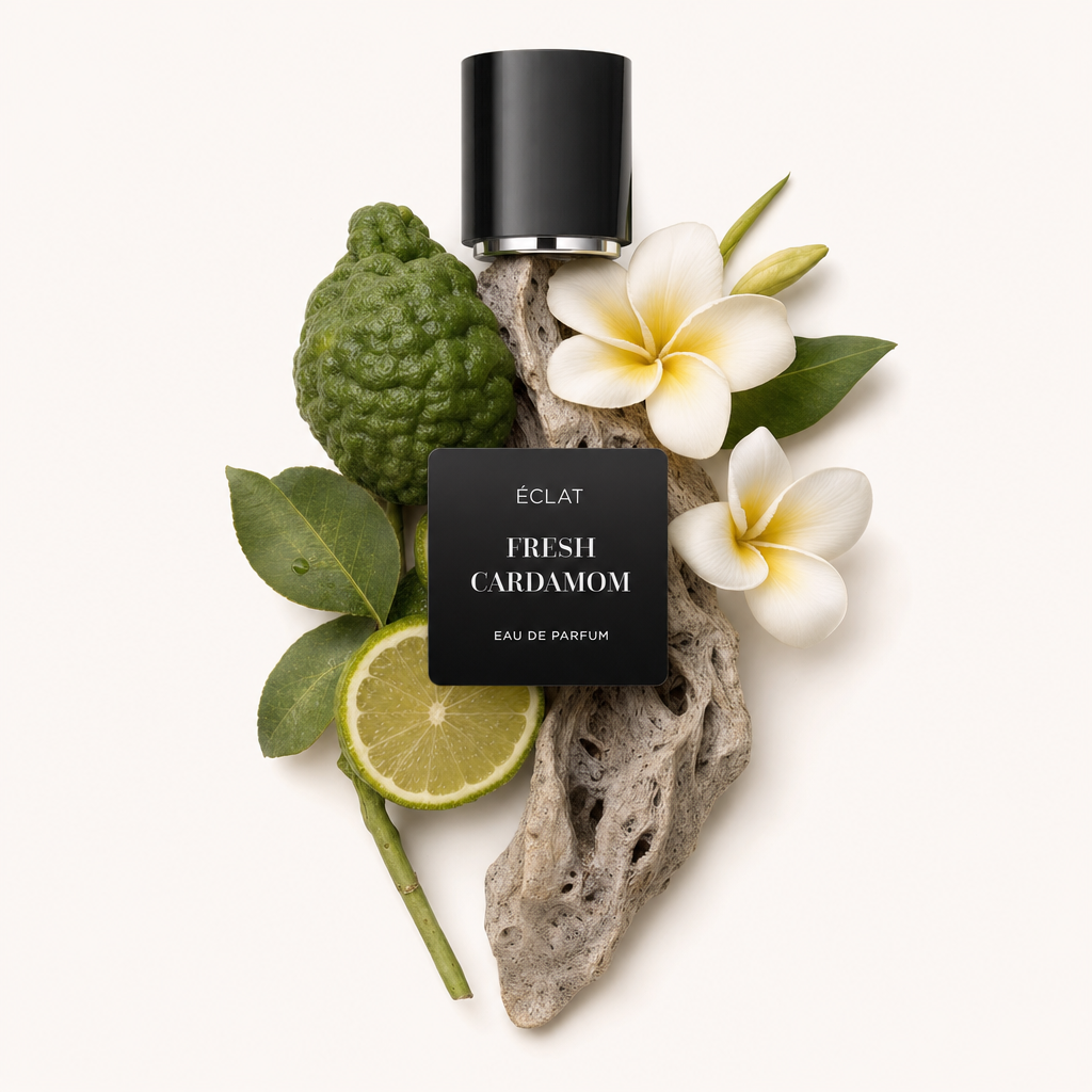 Un arreglo de lima kaffir, rodaja de lima, flores de frangipani y una pieza de madera texturizada, coronado con la tapa negra original de ÉCLAT FRESH CARDAMOM.