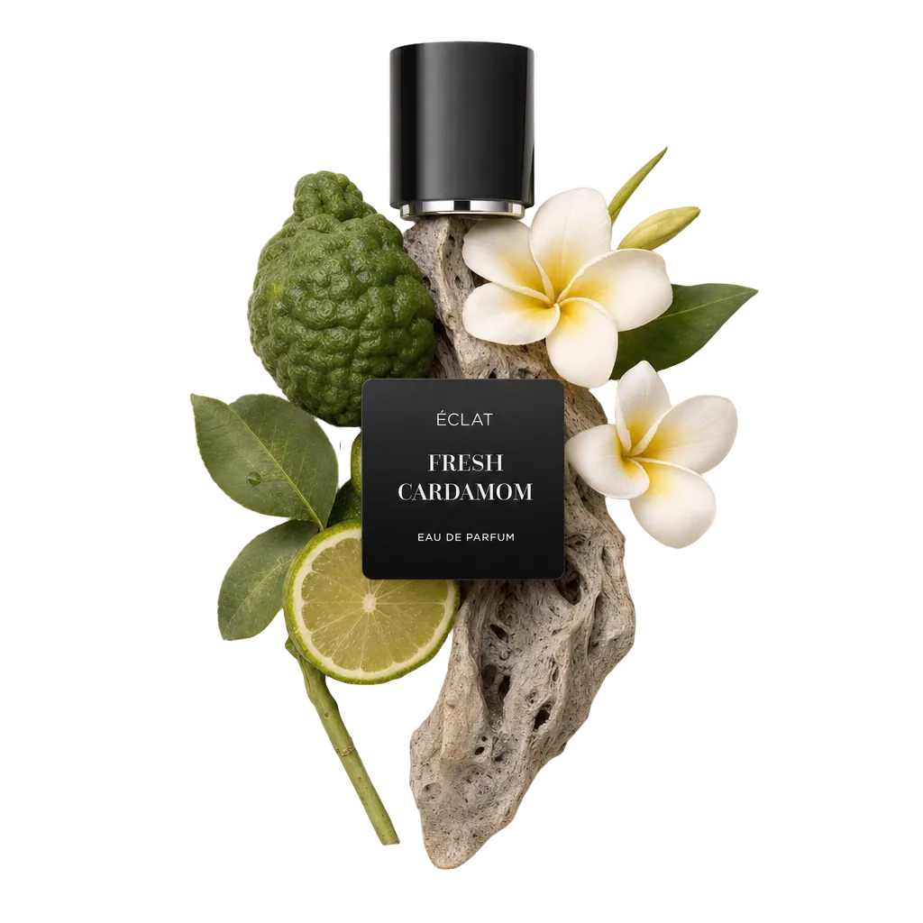 Un arrangement de combava, tranche de citron vert, fleurs de frangipanier et pièce de bois texturée, surmonté de la capsule noire originale d'ÉCLAT FRESH CARDAMOM.