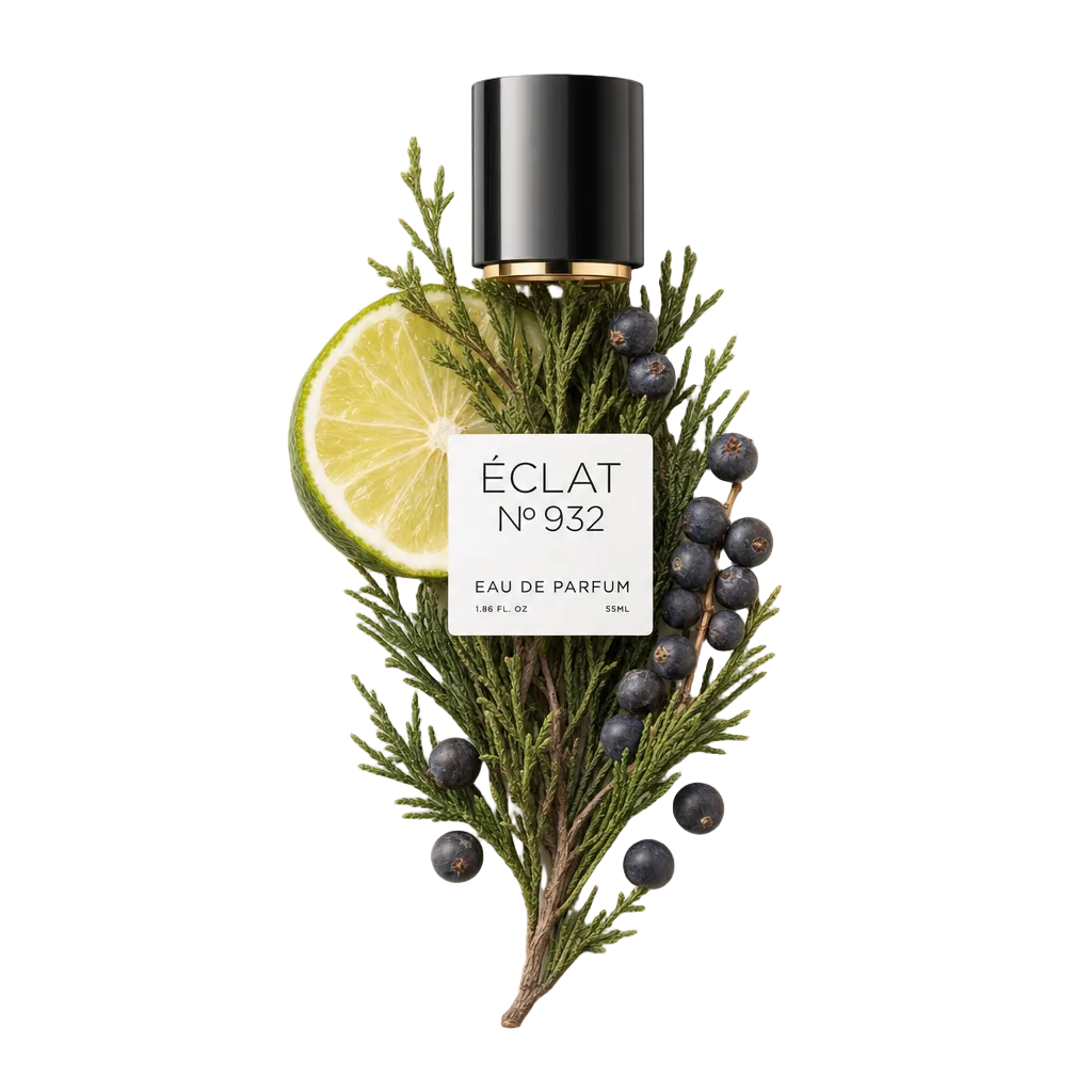 A black cap with a gold rim atop an arrangement of fresh cypress, lime slice, and juniper berries, representing the ÉCLAT Fresh Cypress fragrance.