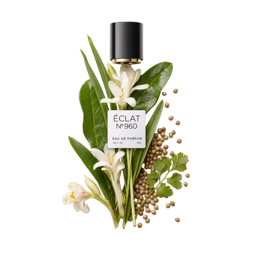 Un arrangement de gingembre frais, fleurs blanches, feuilles vertes, graines de coriandre et une brindille de coriandre entoure le capuchon noir ÉCLAT avec étiquette.