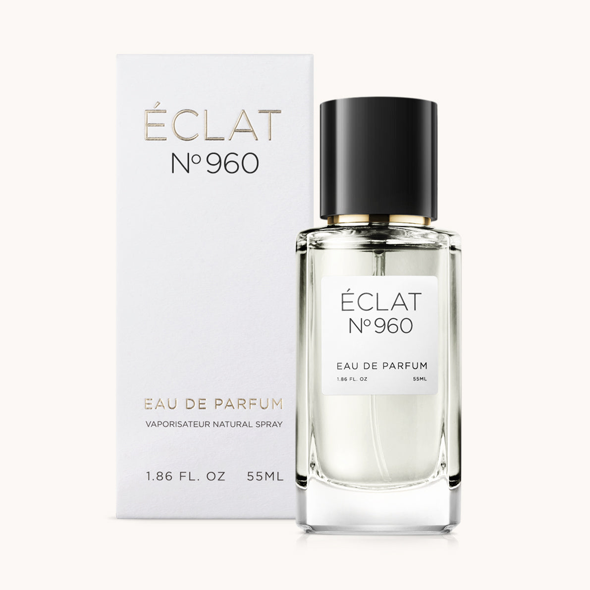 Flacon de parfum ÉCLAT Fresh Ginger avec un capuchon noir et une étiquette blanche, accompagné de son emballage blanc élégant.