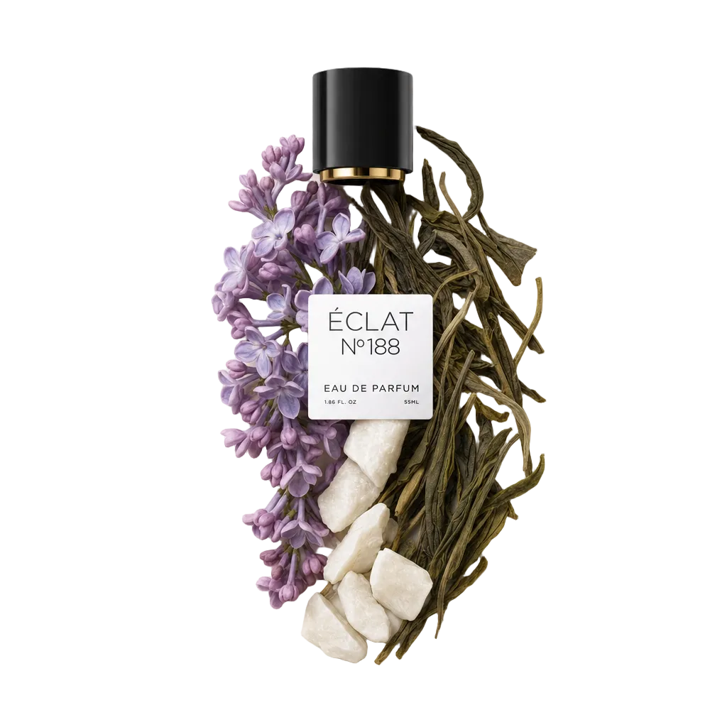 Een arrangement van seringebloemen, groene thee bladeren en witte stenen naast een zwarte dop met gouden accent en ÉCLAT Fresh Lilac etiket.