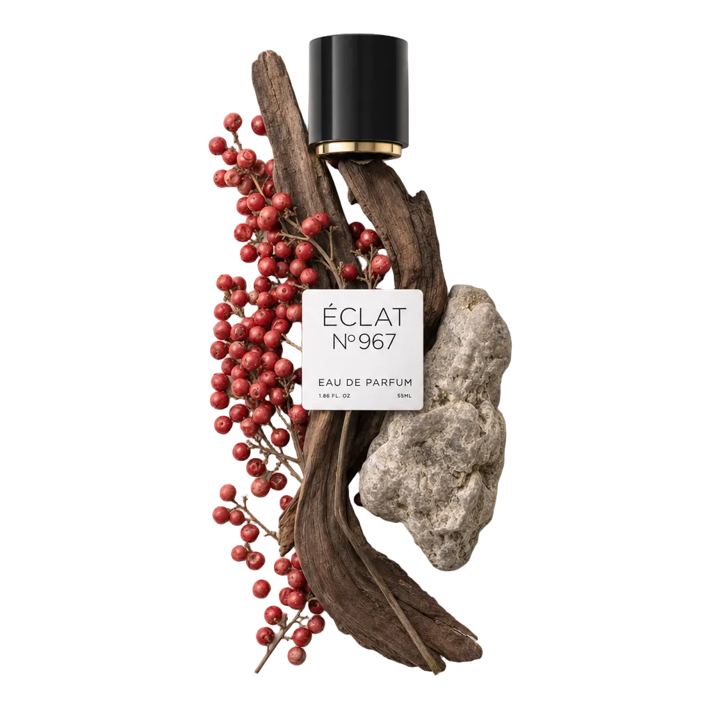 Un arrangement de baies rouges, de morceaux de bois séchés et d'une pierre grise texturée, avec un bouchon noir et une étiquette ÉCLAT sur le dessus.