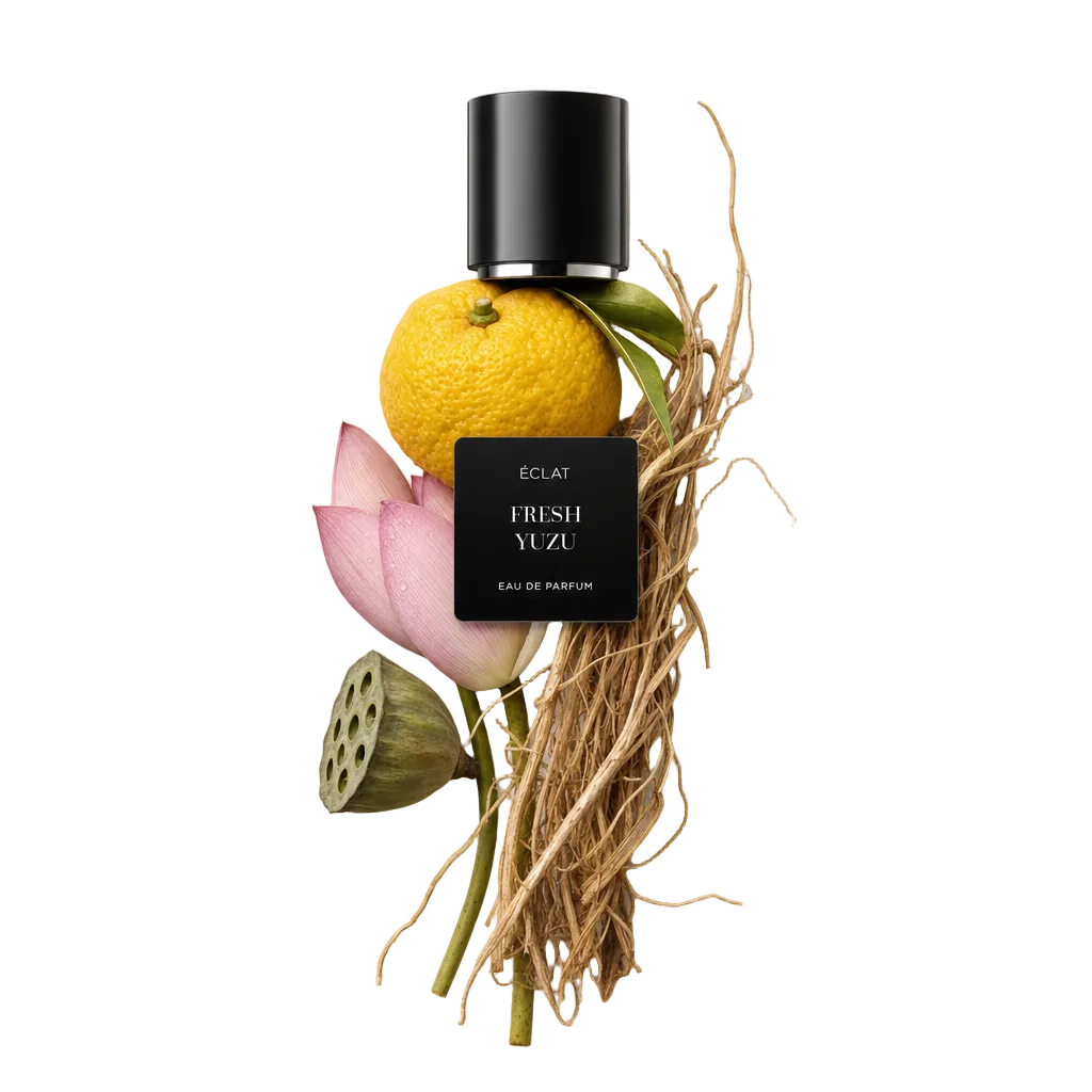 Uma composição de fruto de yuzu fresco, pétalas de lótus rosa e erva seca envolve uma tampa preta com rótulo para ÉCLAT Fresh Yuzu.