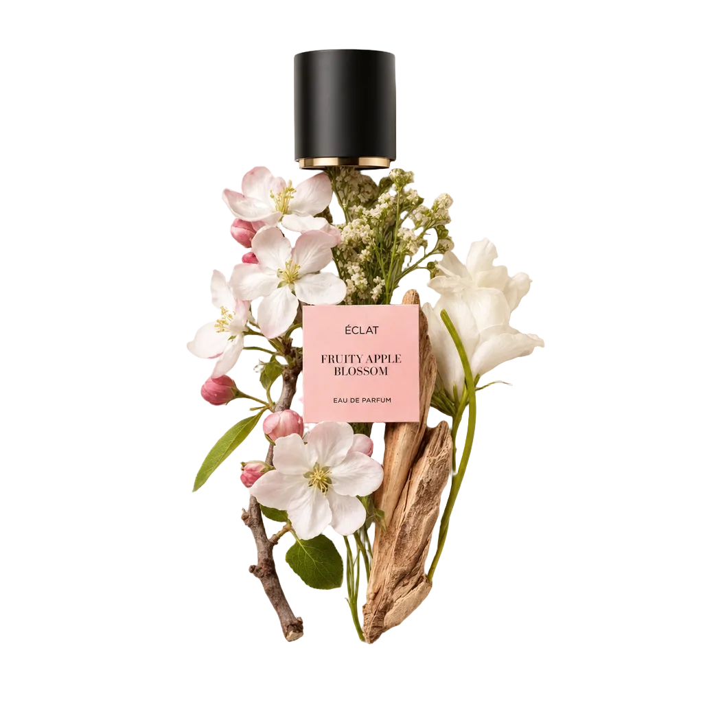 Un arrangement de fleurs de pommier, brindilles et fleurs blanches délicates entoure un capuchon noir avec une étiquette pour ÉCLAT Fruity Apple Blossom.