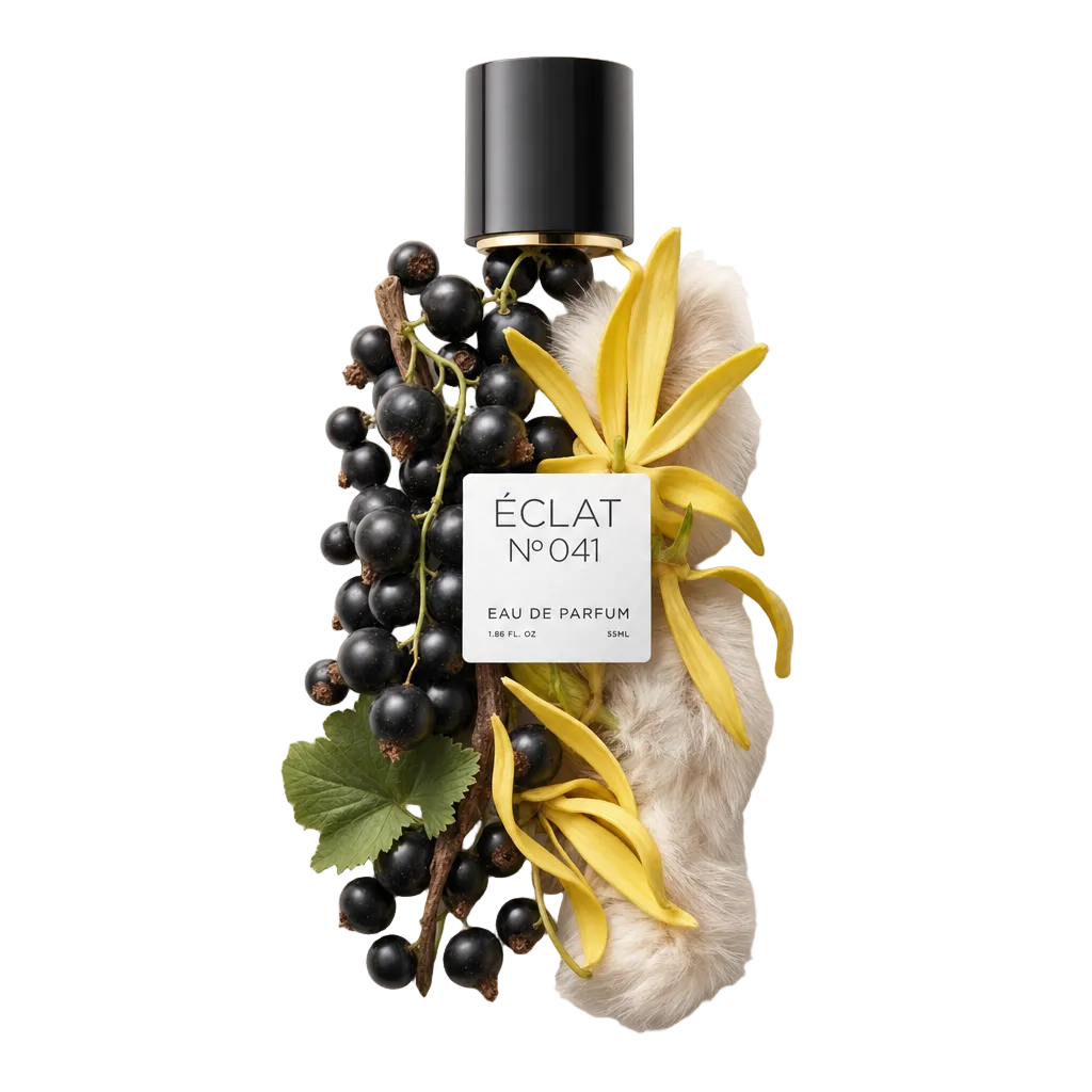 An arrangement of blackcurrants, ylang-ylang flowers, and vanilla sticks surrounds a black cap with a label bearing the name ÉCLAT Fruity Cassis.