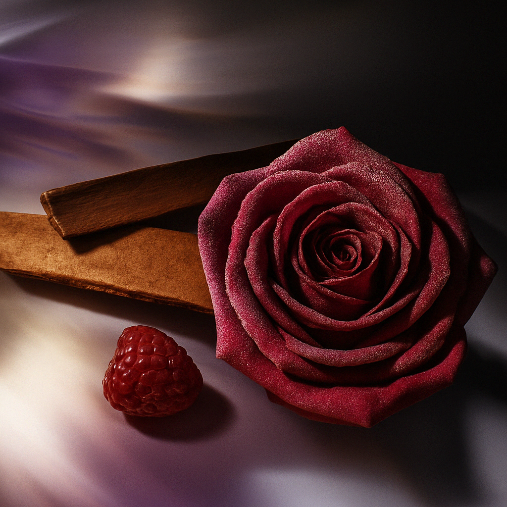 Egy mélyvörös rózsa fahéjrúddal és egy érett málnával kísérve, az ÉCLAT Fruity Dark Rose illatjegyeit jelképezve.
