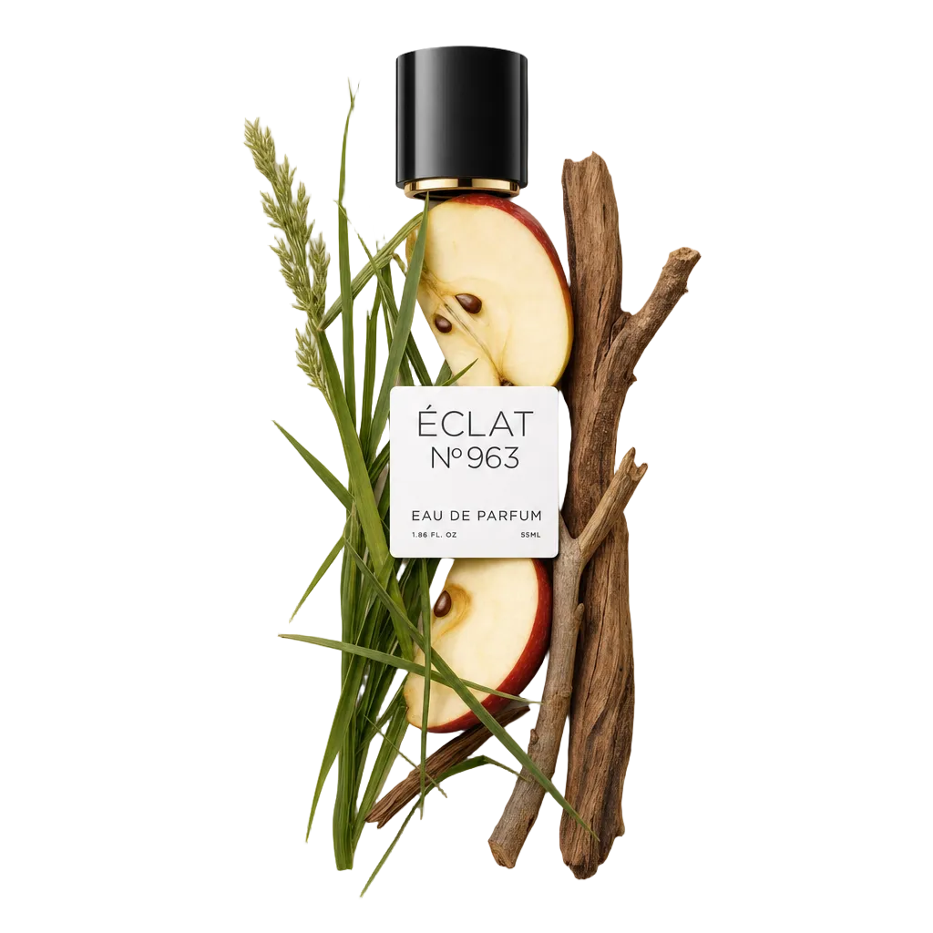 Een arrangement van appelschijfjes, vers gras en houten stokjes omringt een zwarte dop met een etiket voor ÉCLAT Fruity Grass.