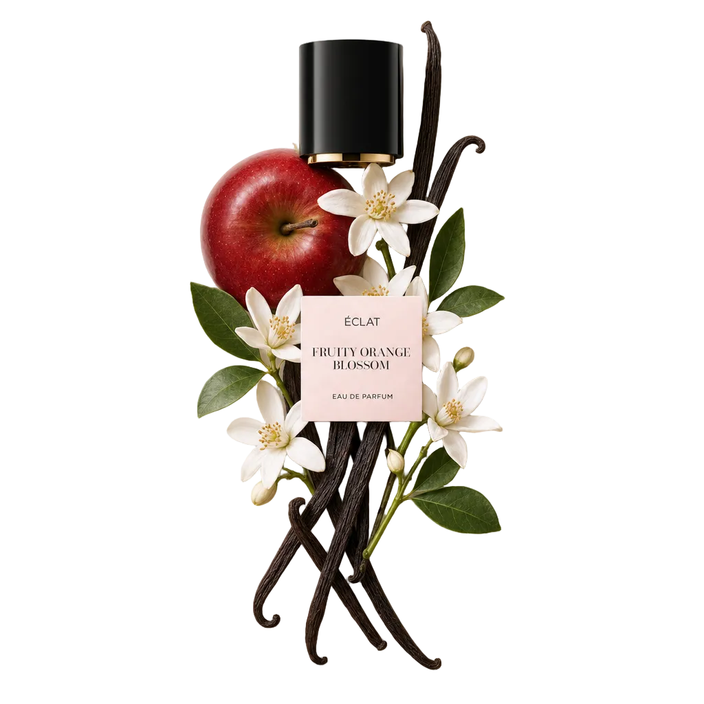Een kunstzinnige opstelling van een rode appel, witte sinaasappelbloesem en vanillepeulen omringt de zwarte dop met ÉCLAT Fruity Orange Blossom etiket.