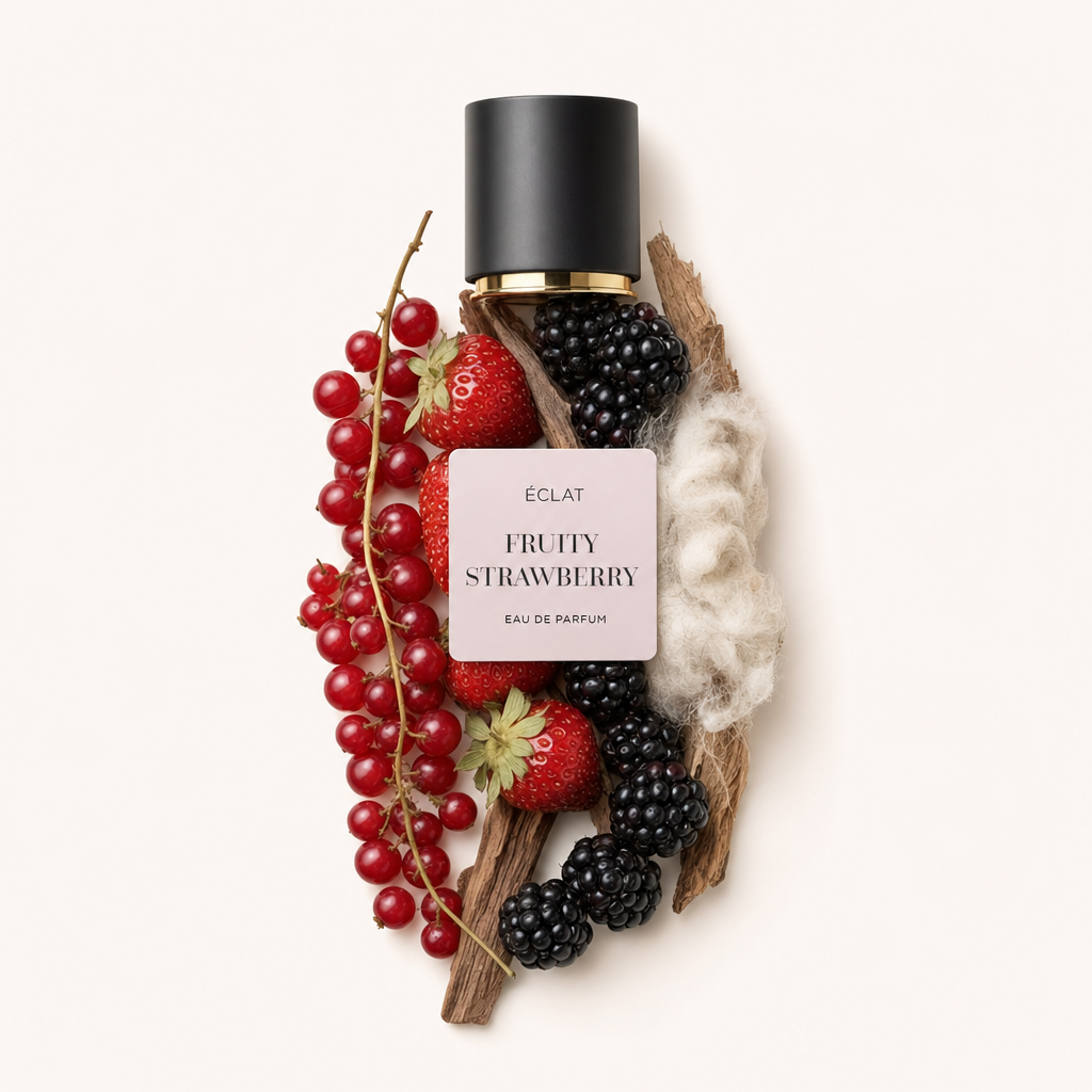 Vörös ribizli, eper, szeder, pamut és fa kompozíció veszi körül az ÉCLAT Fruity Strawberry kupakot címkével.