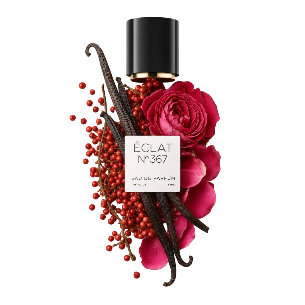 Een arrangement van rode bessen, roze bloemblaadjes en vanillepeulen, met een zwarte ÉCLAT dop met label.