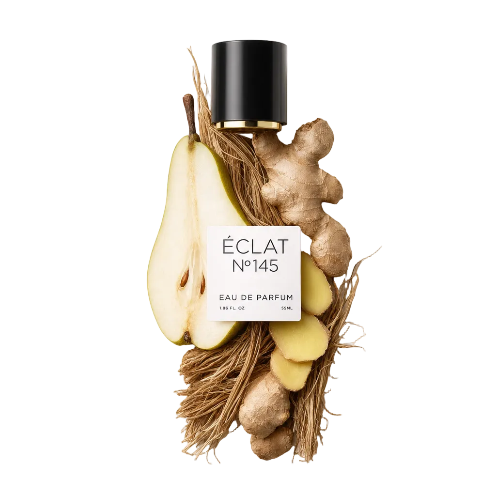 An arrangement of fresh ginger and sliced pear on textured fibrous material, with a black cap featuring a gold band and an ÉCLAT label.