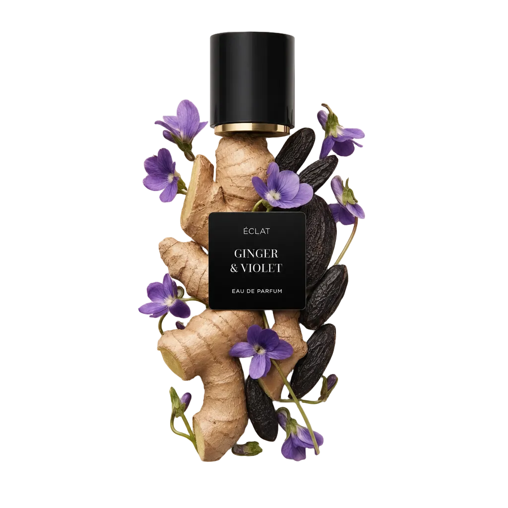Uma composição artesanal de gengibre fresco, flores de violeta e favas tonka envolve uma tampa preta com o rótulo ÉCLAT Ginger & Violet.