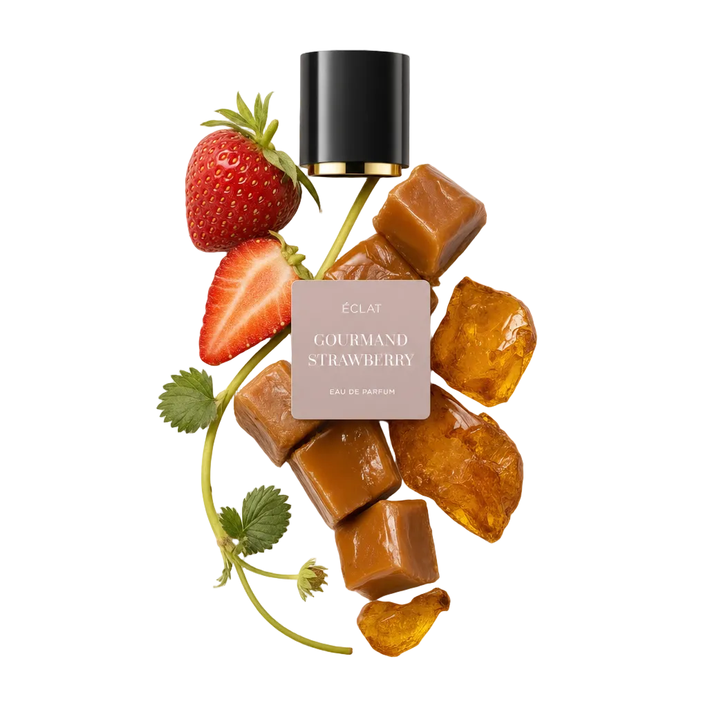 Un arrangement de cubes de caramel, une fraise tranchée avec feuilles, et des éclats de sucre ambré entourent un bouchon noir avec étiquette ÉCLAT Gourmand Strawberry.