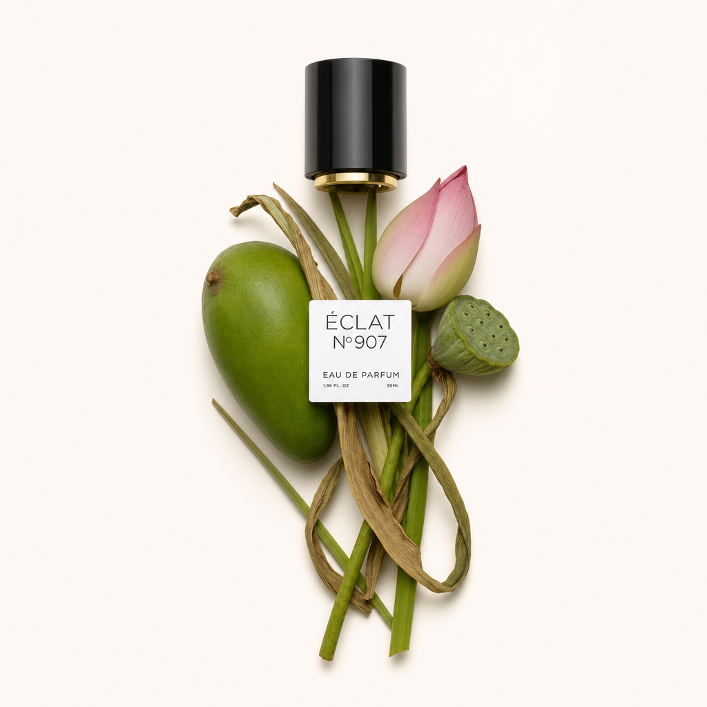 An arrangement of a fresh green mango, lotus bud, and seedpod with a black cap labeled ÉCLAT Green Mango & Lotus.