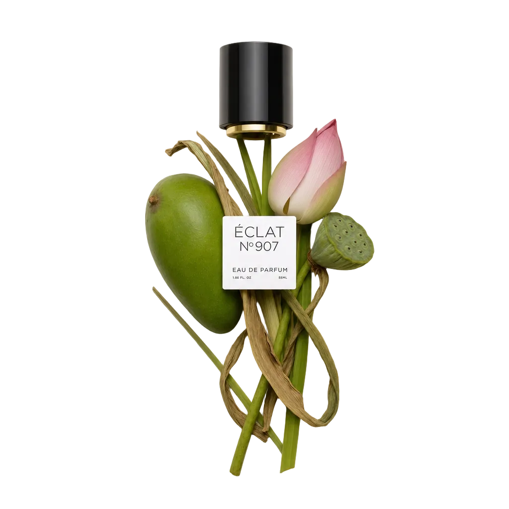 Un arreglo de mango verde fresco, capullo de loto y vaina de semillas con una tapa negra etiquetada ÉCLAT Green Mango & Lotus.