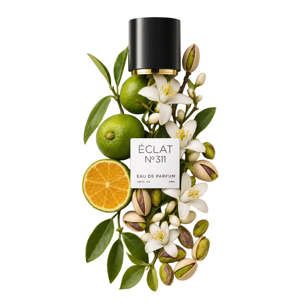 Een arrangement van limoenen, sinaasappelschijven, witte bloemen en pistachenoten omringt een zwarte dop met ÉCLAT-etiket.
