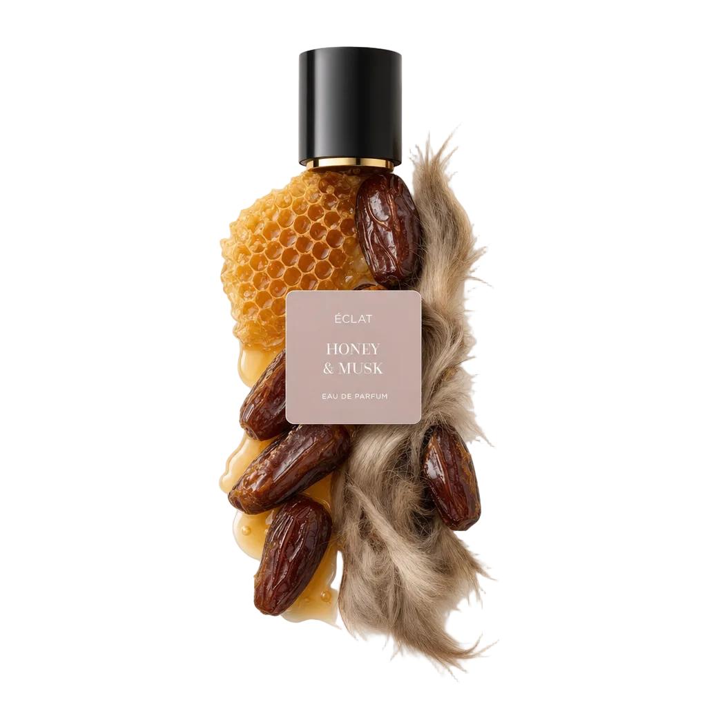 Un arrangement de rayon de miel, de dattes et de fourrure de musc entoure élégamment le bouchon noir original avec une étiquette présentant ÉCLAT Honey & Musk.