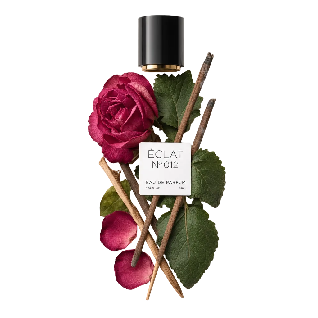 Un arrangement de bâtons d'encens, une rose rouge vibrante, des pétales et des feuilles luxuriantes présente les notes de parfum d'ÉCLAT VIP - Incense, Rose & Spices, avec un capuchon noir portant une étiquette en haut.
