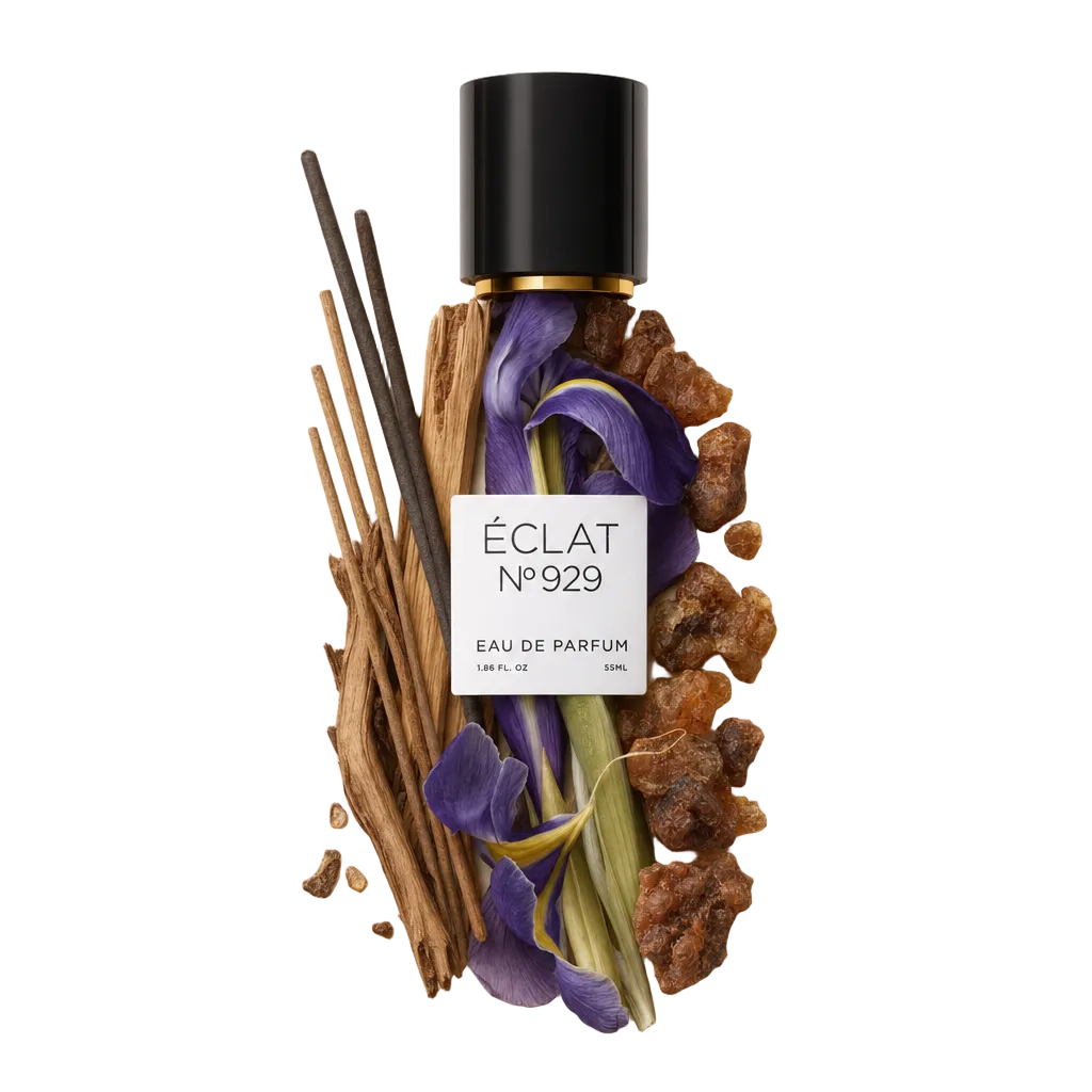 Un arreglo de varillas de incienso, flores de iris morado y resina de ámbar rodea una tapa negra con etiqueta de ÉCLAT Iris & Incense.