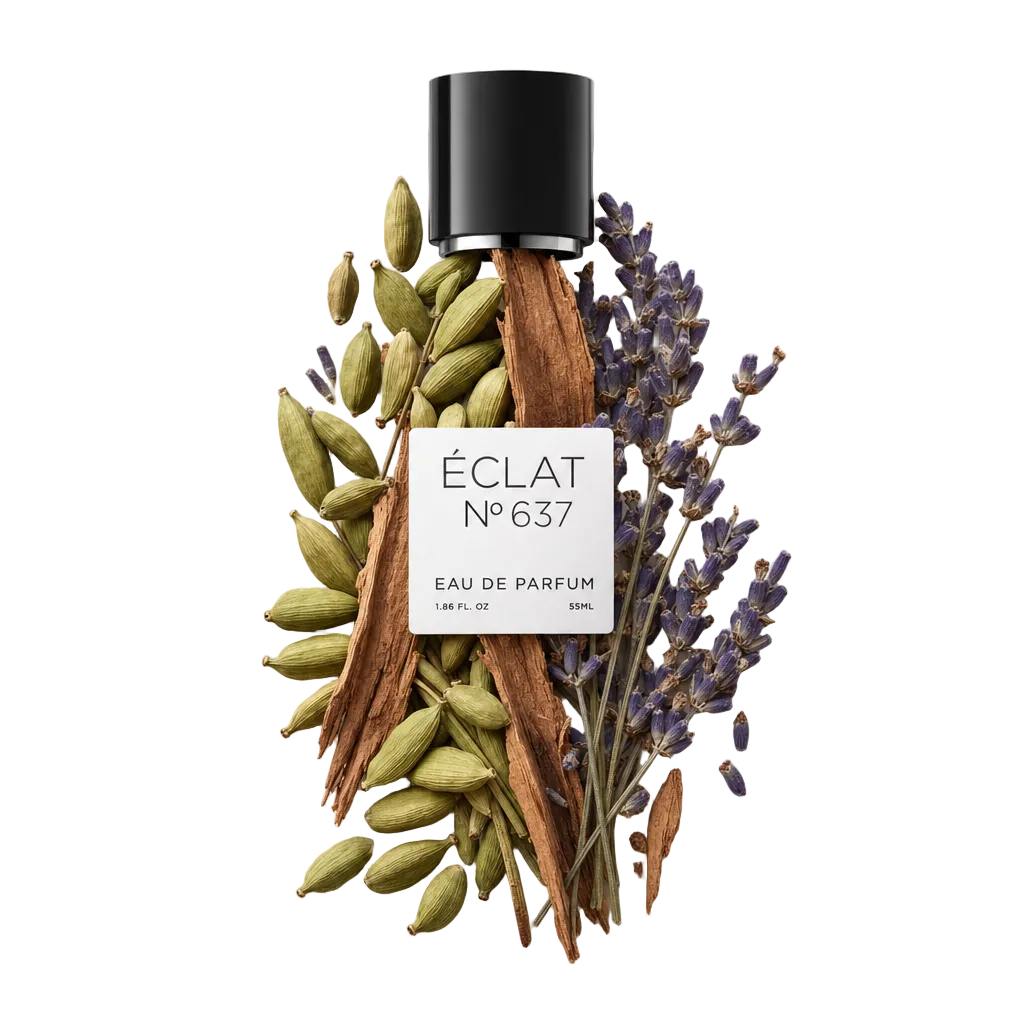 Uma disposição de raminhos de lavanda fresca, vagens de cardamomo e paus de canela envolve uma tampa preta com rótulo ÉCLAT.