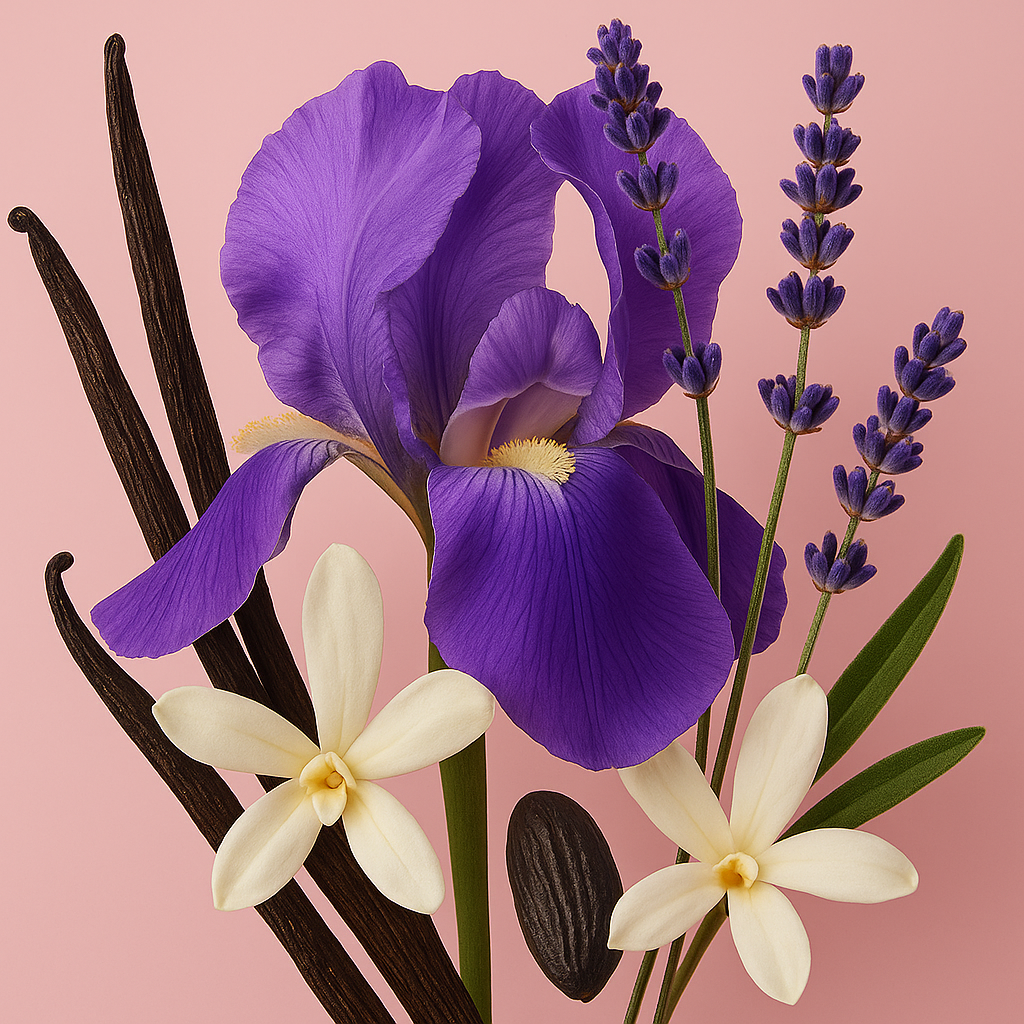 Une composition d'iris, lavande, gousses de vanille et fleurs blanches sur un fond rose symbolisant ÉCLAT Lavender & Vanilla.