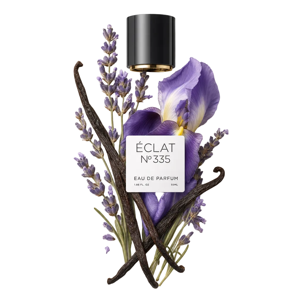An arrangement of lavender sprigs, vanilla pods, and a purple flower surrounds a black cap with a label, representing ÉCLAT Lavender & Vanilla.