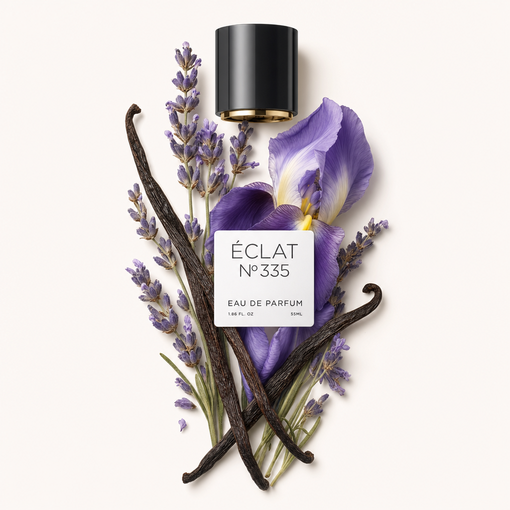 An arrangement of lavender sprigs, vanilla pods, and a purple flower surrounds a black cap with a label, representing ÉCLAT Lavender & Vanilla.