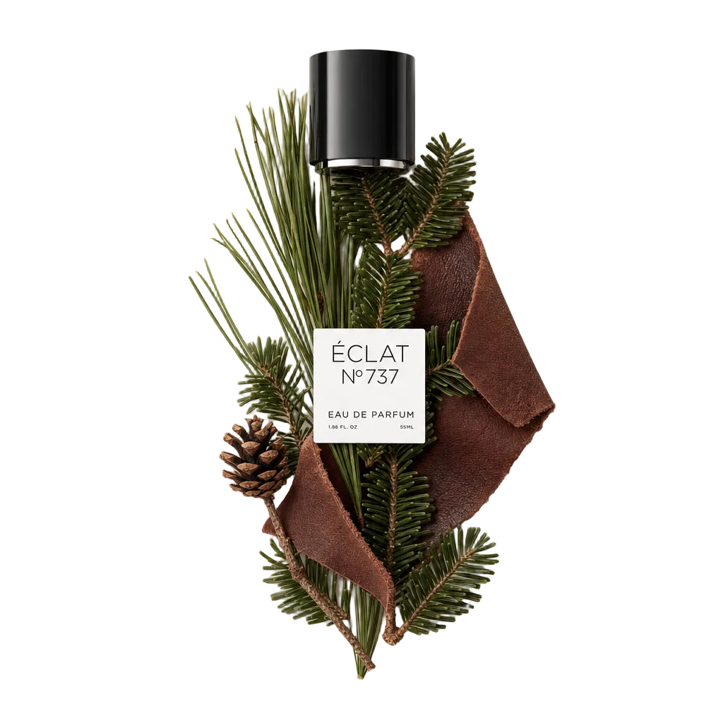 An arrangement of balsam fir needles, pine cone, and leather strips surrounding a black cap with a label from ÉCLAT Leathery Balsam Fir.