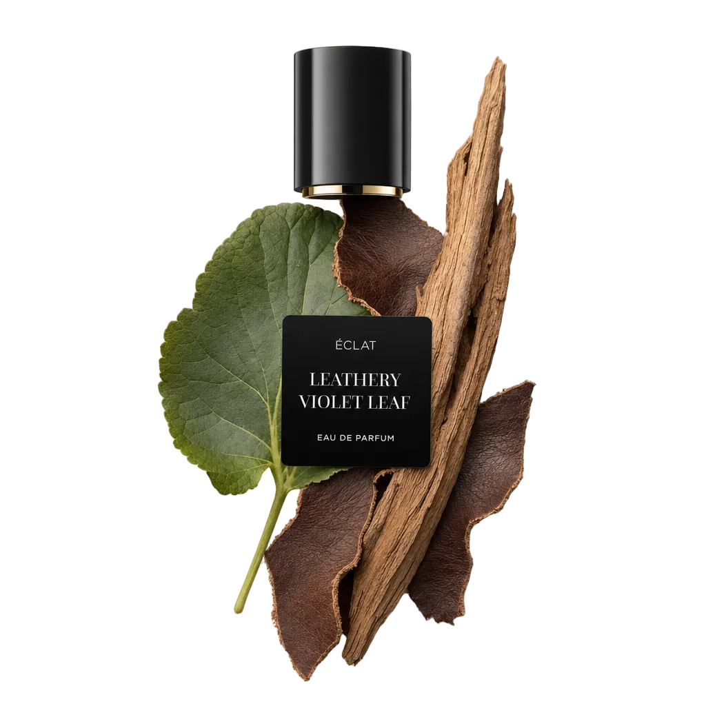 Uma composição de folha de violeta verde, couro escuro e madeira castanha com uma tampa preta etiquetada ÉCLAT Leathery Violet Leaf.