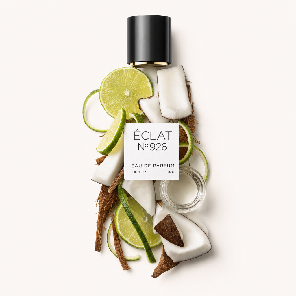 An arrangement of fresh lime slices and coconut pieces surrounds a black cap labeled ÉCLAT Lime & Coconut.