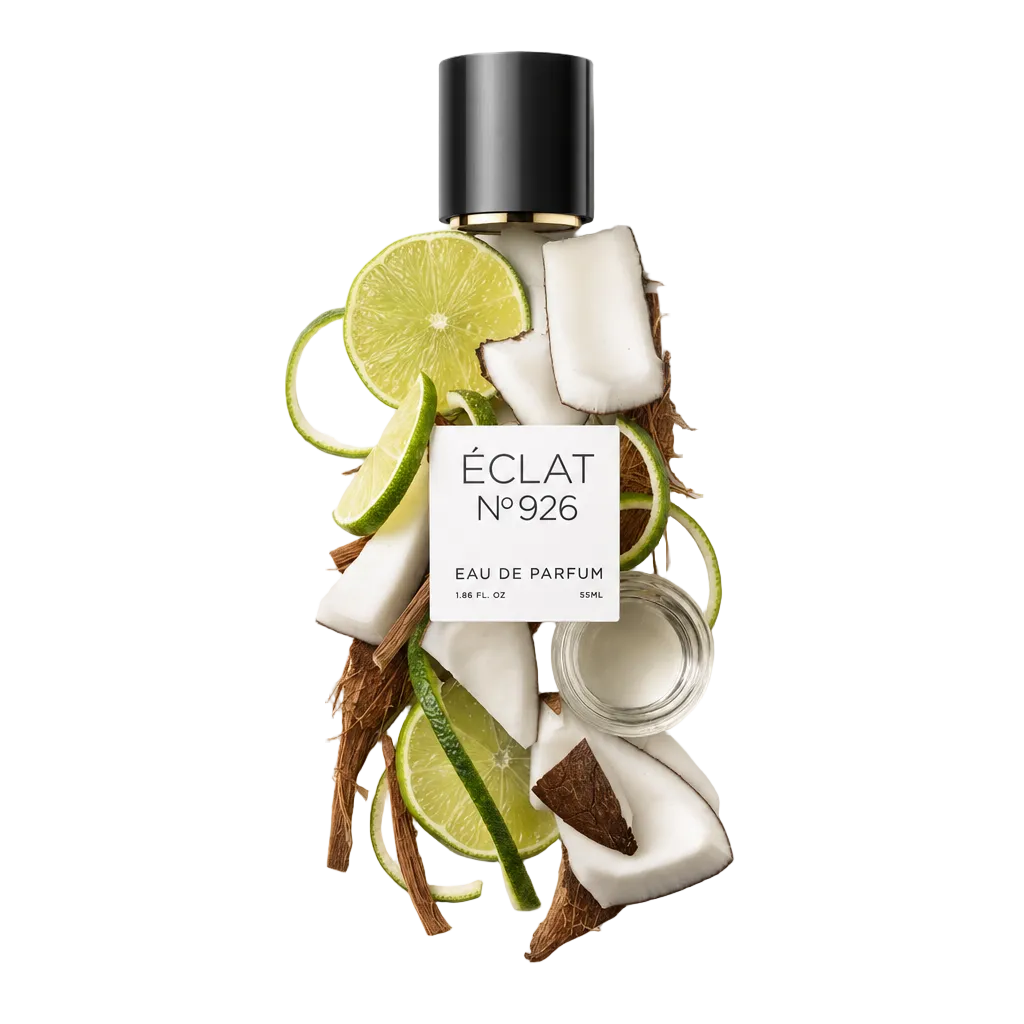 Ett arrangemang av limeklyftor och kokosbitar omger en svart kork märkt ÉCLAT Lime & Coconut.