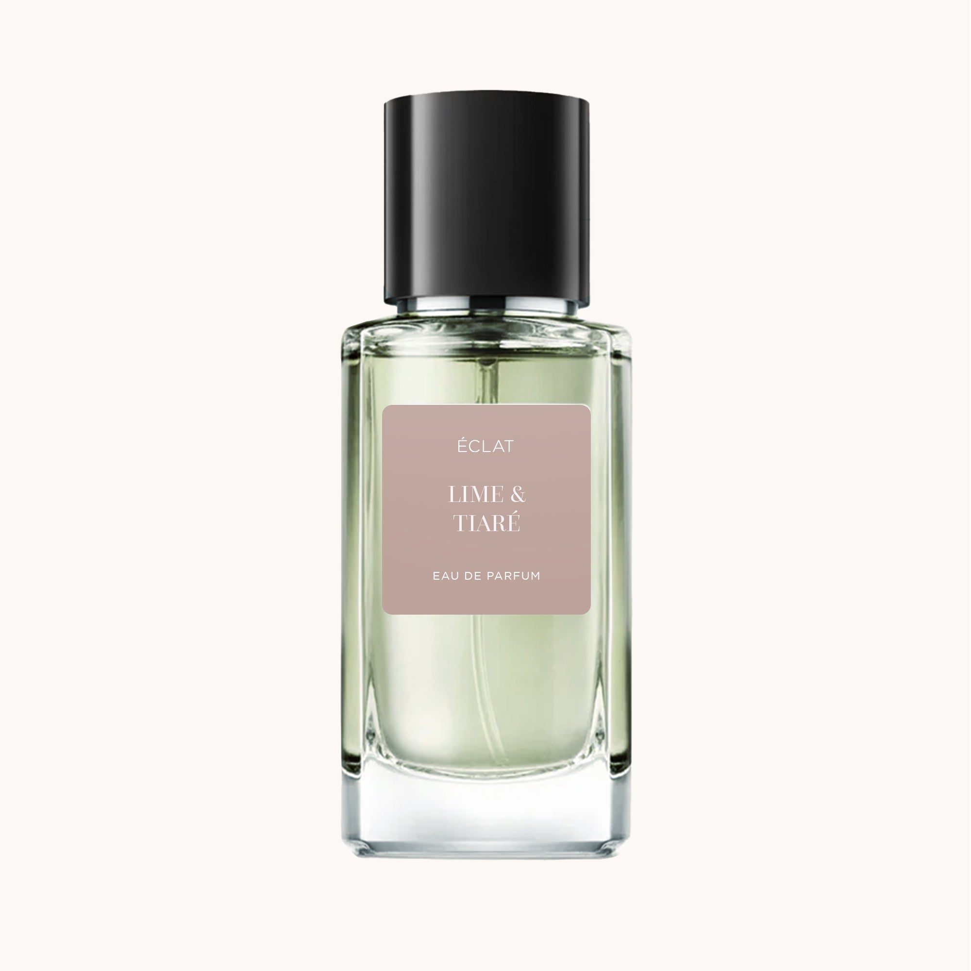 Fragrância ÉCLAT Lime & Tiaré VIP em frasco de vidro transparente com tampa preta e rótulo bege.