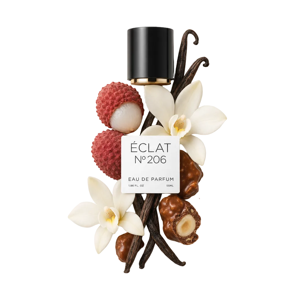 Un arrangement de litchi, fleurs de vanille et praliné entoure le capuchon noir d'ÉCLAT Lychee & Praline, avec une étiquette attachée.