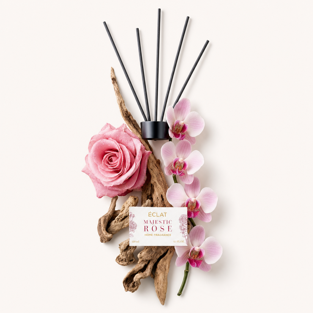Een arrangement met een roze roos, roze orchideeën, drijfhout en een zwarte dop met etiket voor ÉCLAT Majestic Rose Room Fragrance Sticks.