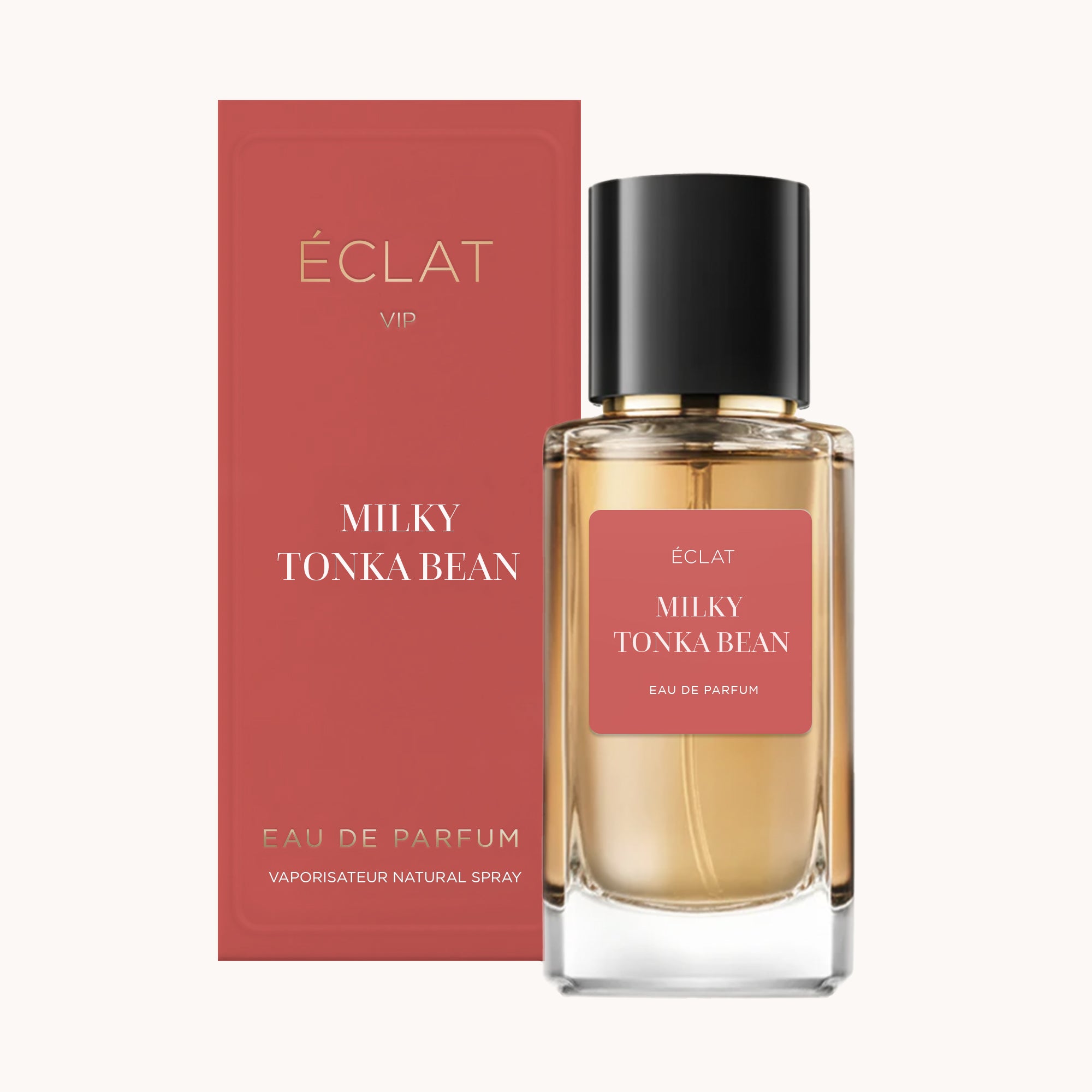 ÉCLAT Milky Tonka Bean VIP in a faceted glass bottle with a black cap, accompanied by a red presentation box.