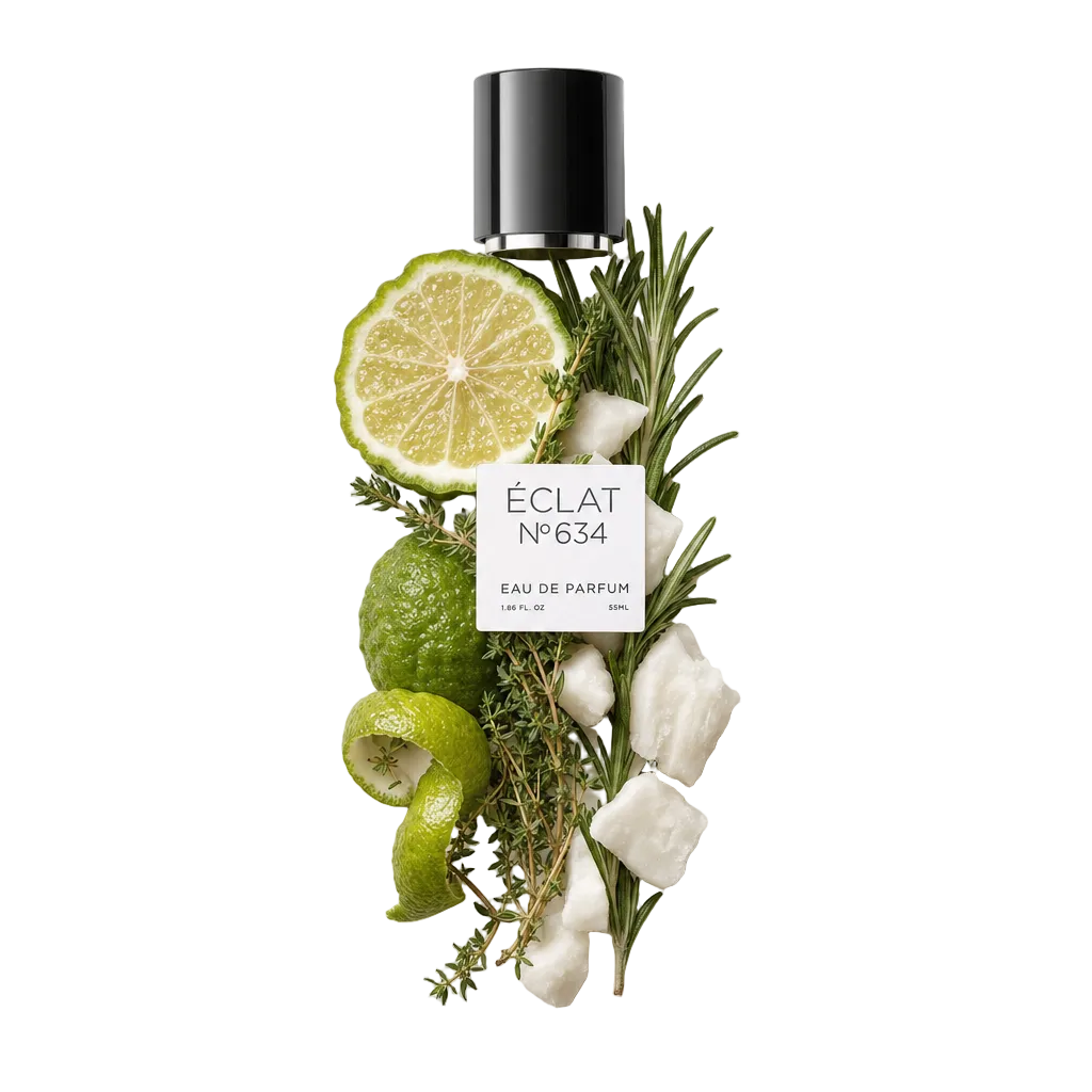 Un arrangement de tranches de bergamote, de brins de romarin et de coton, avec un bouchon noir et une étiquette pour ÉCLAT Musky Bergamot.
