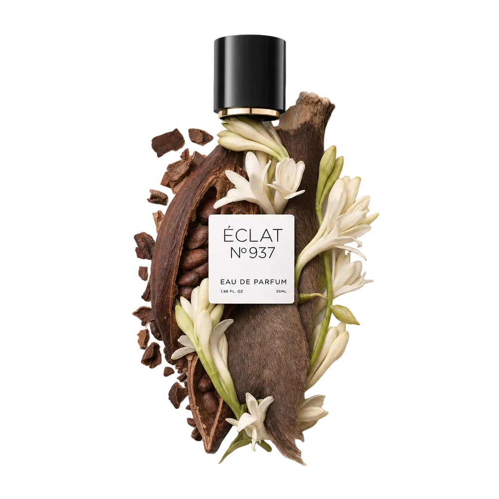A composition of cacao pods, white flowers, and a textured brown material surrounds the black cap with a label of ÉCLAT Musky Dark Chocolate.