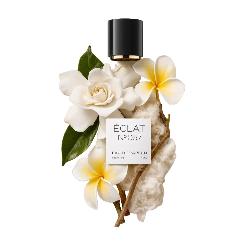 Une nature morte présentant les ingrédients d'ÉCLAT Musky Gardenia : fleurs de gardénia et frangipanier, feuilles et branche boisée autour d'un capuchon noir avec une étiquette.