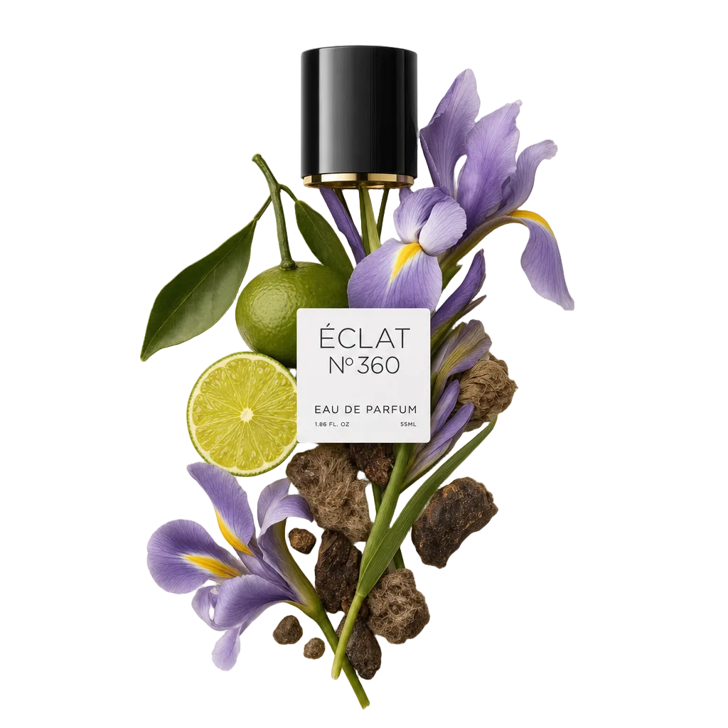 Ett arrangemang av irisblommor, mandarin och jordnära toner omger en svart lock med ÉCLAT-etikett.