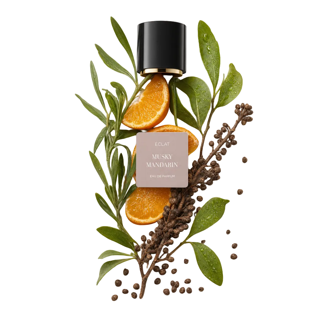 Une composition de tranches de mandarine, feuilles vertes et épices séchées autour du bouchon noir original ÉCLAT avec étiquette.