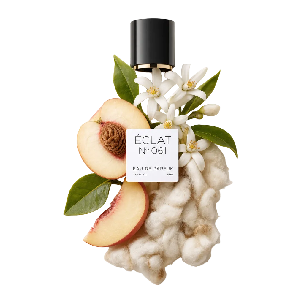 Una composición de rodajas de durazno, flores blancas y algodón con una tapa negra etiquetada ÉCLAT Musky Peach.