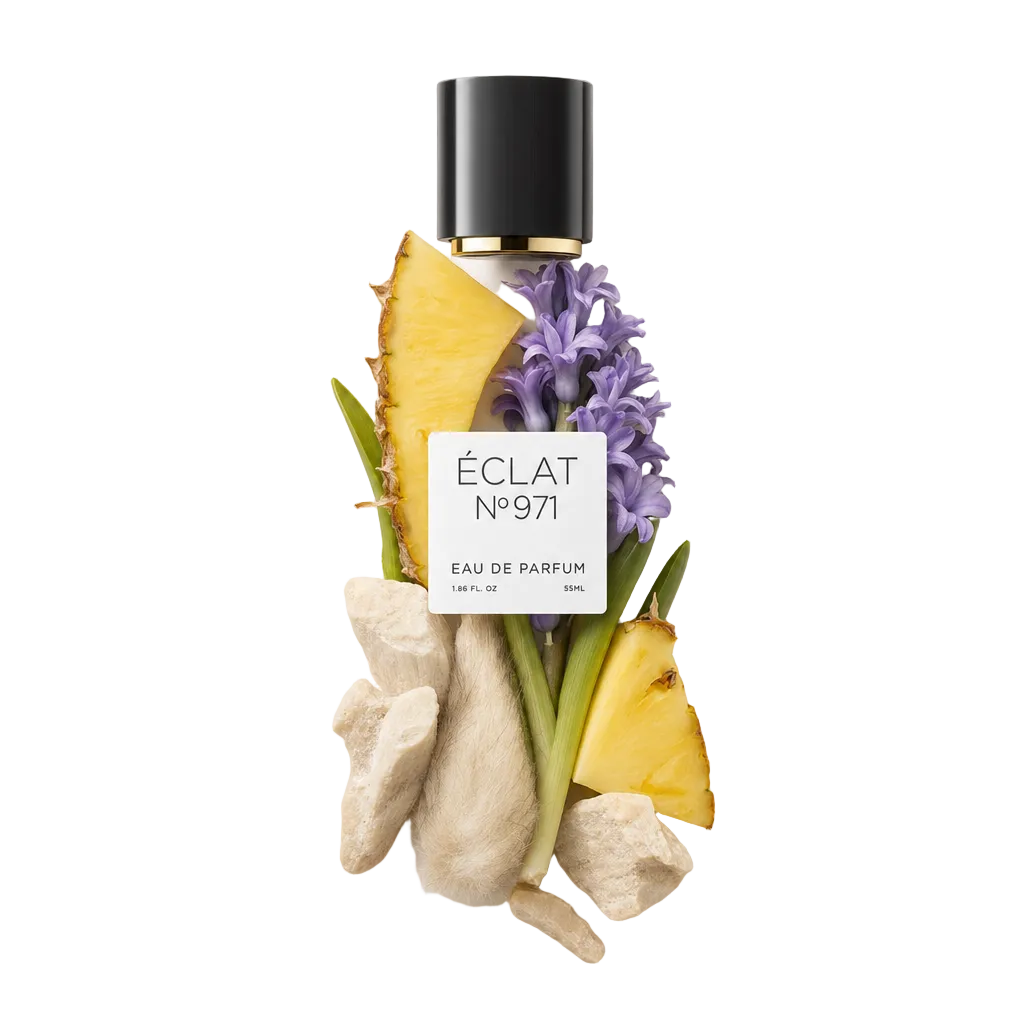 Un arreglo de rodajas de piña, jacinto morado y raíces terrosas rodea una tapa negra con etiqueta de ÉCLAT Musky Pineapple.